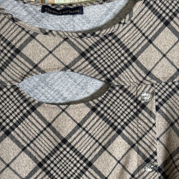 Adrienne Vittadini Tan Black Plaid Keyhole Buttons Blouse Top Size XL - Picture 3 of 8